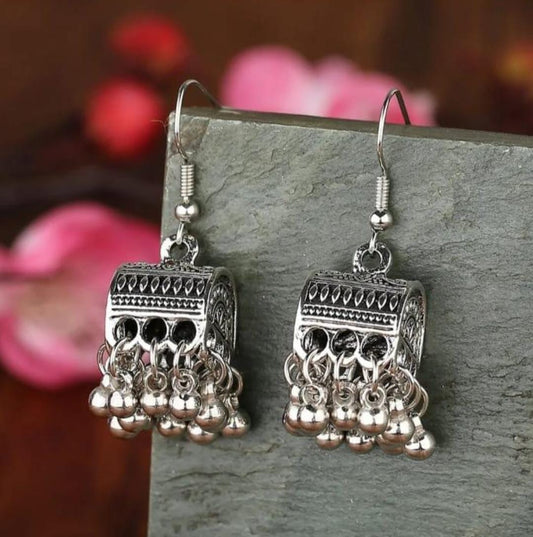 Antique Style Silver Jhumka Earrings Set | Pinkdose